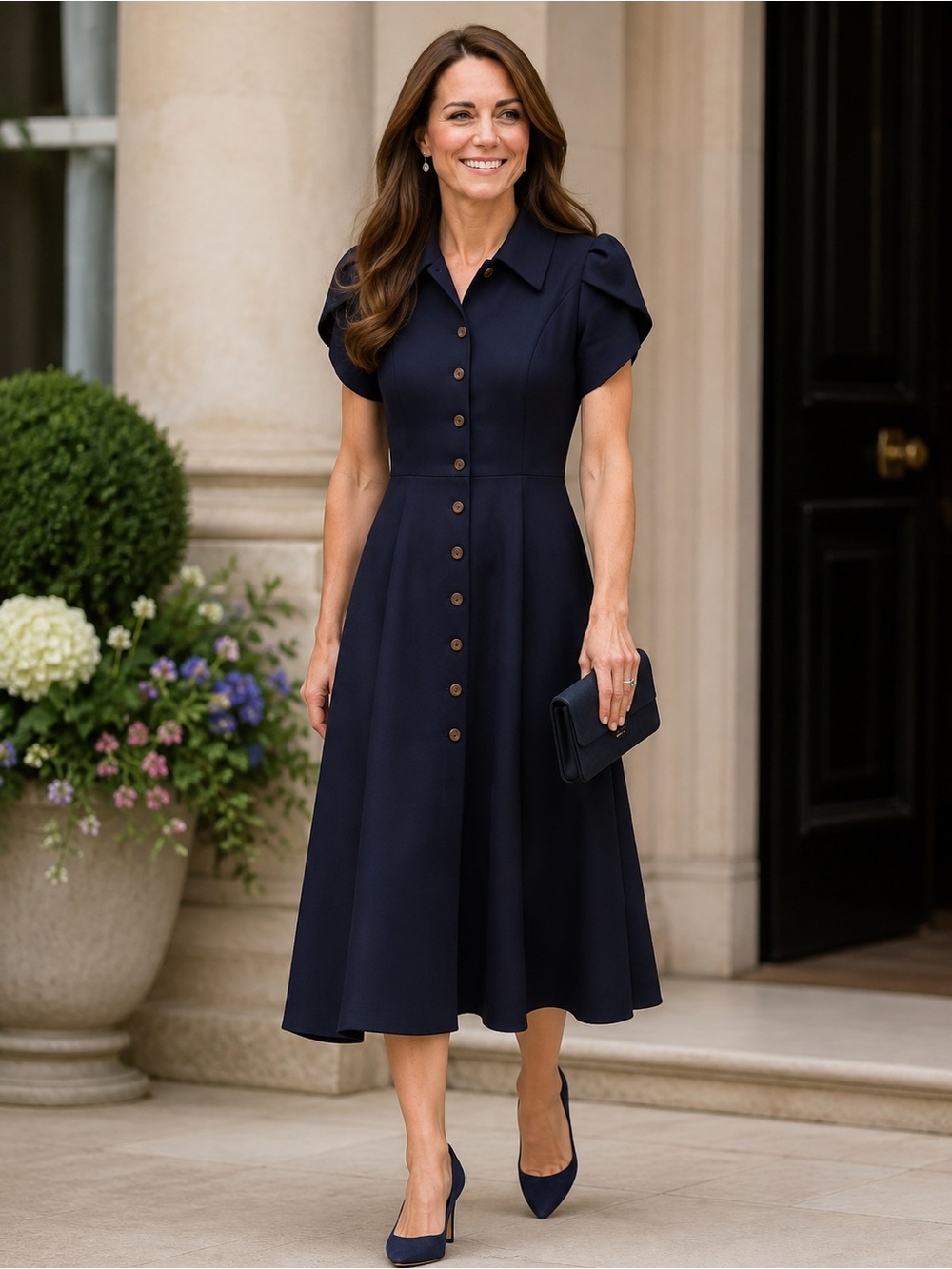 Calvin Klein Navy Blue Button Front Midi Dress Puff Sleeve Women’s